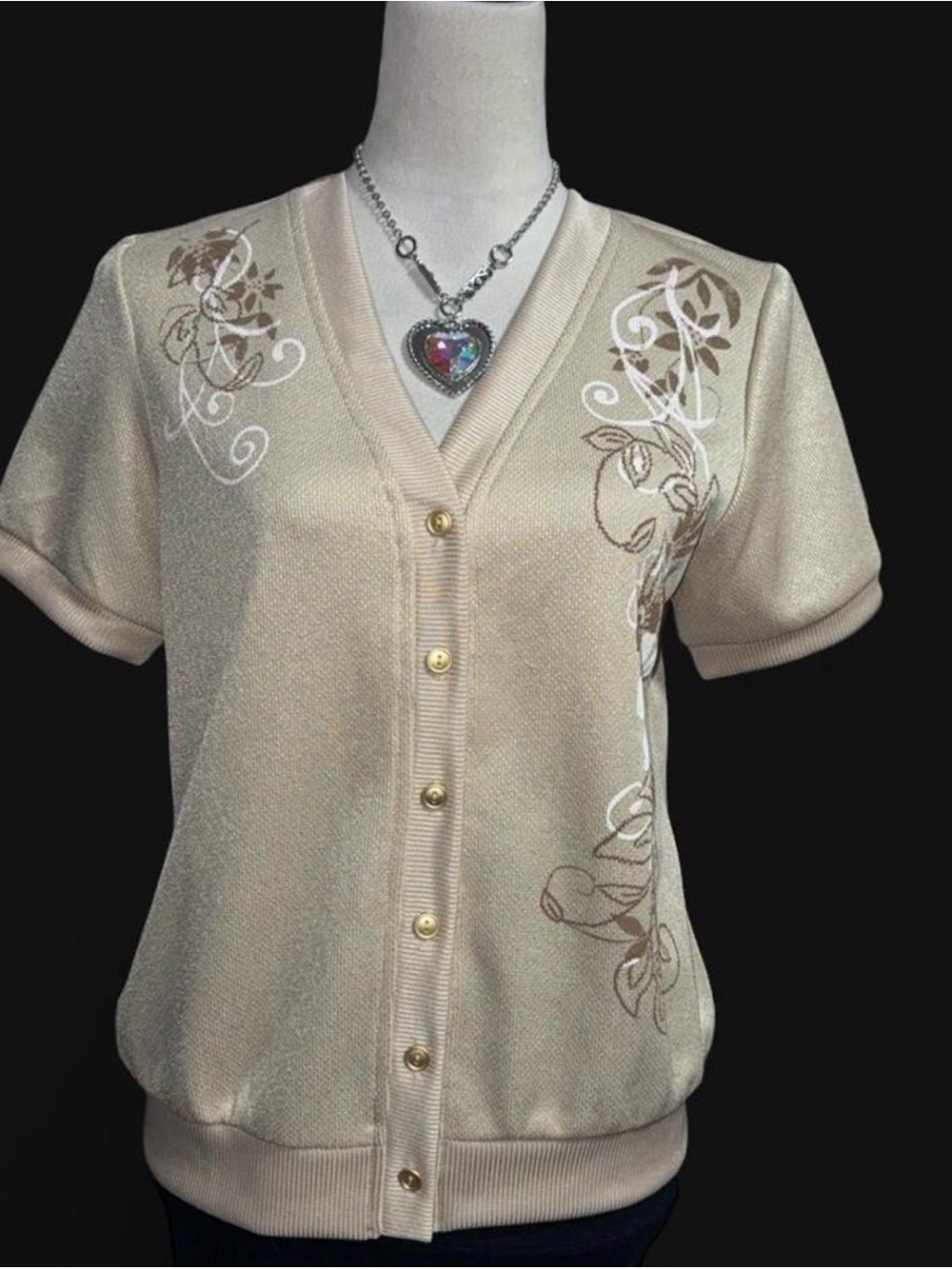 Blair Cream Short-Sleeve Button Cardigan with Floral Motif
